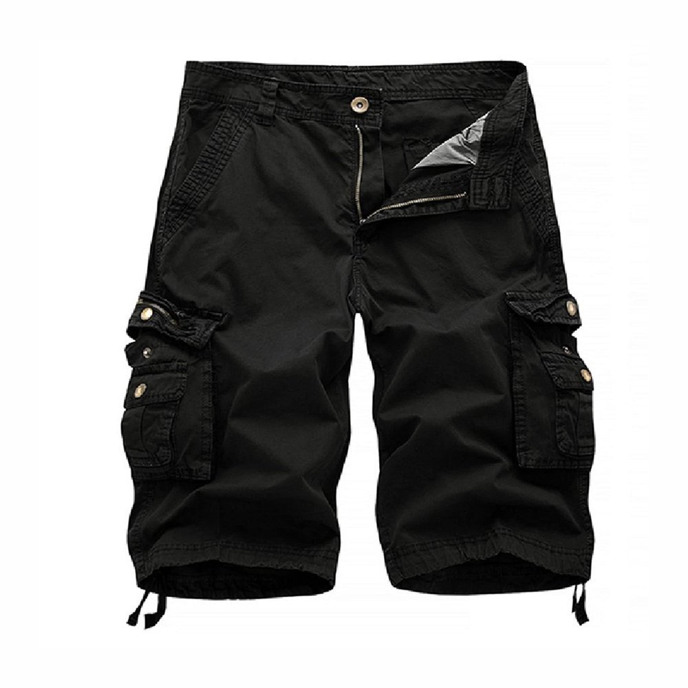 Men's Twill Multi-Pockets Loose Short Pants Drawstring Cotton Zipper Overalls Zipper Cargo Straight Shorts (Black,30)