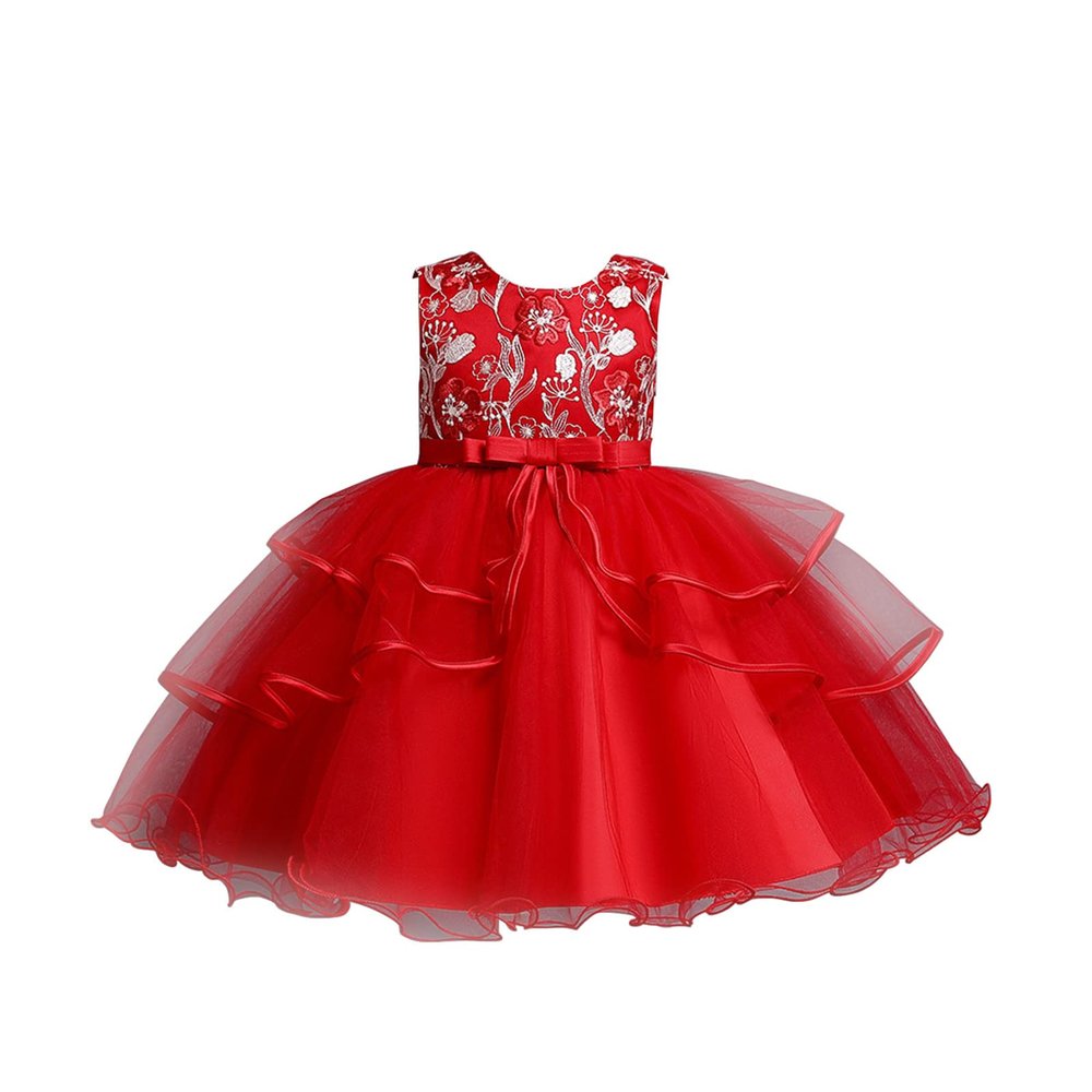 Flower Girl's Dress Princess Puffy Tulle Dress Bridesmaid Wedding Birthday Party Pageant Maxi Prom Gown (Red, 4-5 Years)