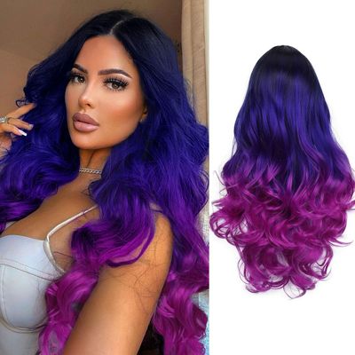 WIGER Long Wavy Wig - Black to Blue to Purple Ombre Color, Curly, Rainbow, Middle Part, Synthetic, Mermaid, Purple, For Cosplay & Daily Use