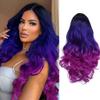 WIGER Long Wavy Wig - Black to Blue to Purple Ombre Color, Curly, Rainbow, Middle Part, Synthetic, Mermaid, Purple, For Cosplay & Daily Use view 1