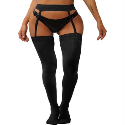 Agoky Women's Glossy Stockings Tights Open Crotch Suspender Pantyhose Oily Floral Lace Stockings Black One Size
