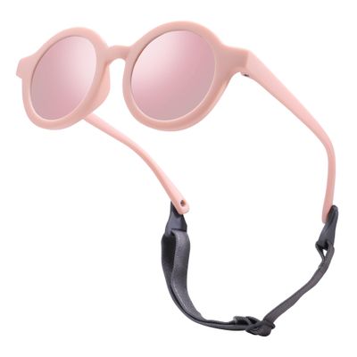 Hycredi Bendable Round Baby Polarized Sunglasses Flexible with Strap for Newborn Infant Toddlers Age 0-24 Month- Pink/Pink Mirror
