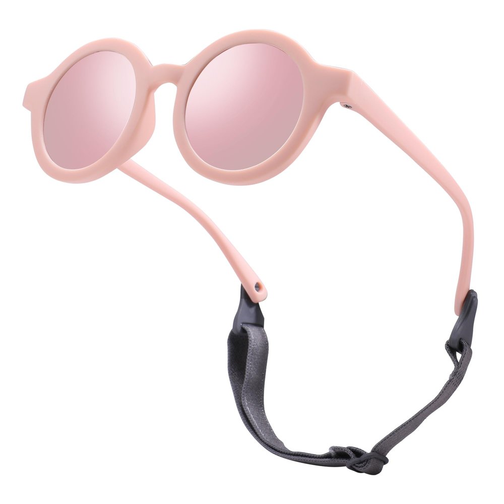 Hycredi Bendable Round Baby Polarized Sunglasses Flexible with Strap for Newborn Infant Toddlers Age 0-24 Month- Pink/Pink Mirror