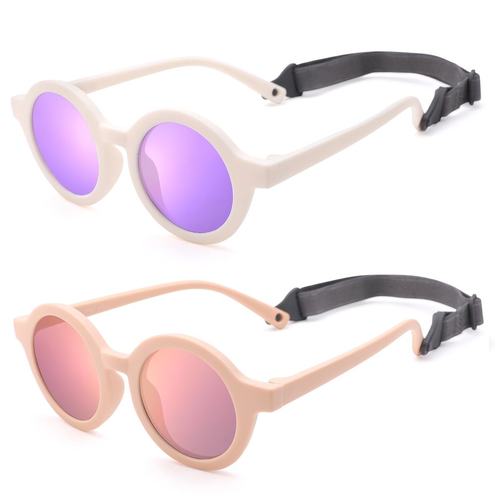 Hycredi Bendable Round Baby Polarized Sunglasses Flexible with Strap for Newborn Infant Toddlers Age 0-24 Month-White/Purple +Light Pink