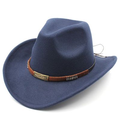Ynnolove Kids Boys Girls Western Cowboy Hat Wide Brim Children Cowgirl Cap w/Handworked Band Decorations for Halloween Party (Navy)
