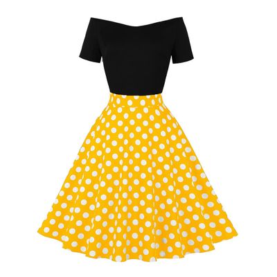 50s Vintage Dresses for Women Off Shoulder Short Sleeve 1950s Tea Party Retro Cocktail Party Swing Dresses Fake Two-piece Color Block Audrey Hepburn Style Rockabilly Polka Dot Dress Black+Yellow S