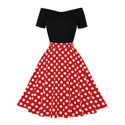 50s Vintage Dresses for Women Off Shoulder 1950s Tea Party Retro Cocktail Party Swing Dresses Contrast Color Block Patchwork Audrey Hepburn Polka Dot Dress A Line Rockabilly Prom Dress Black+Red M