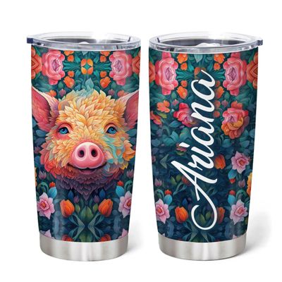 Hyturtle Personalized Gifts For Pig Lover - Pigs With Flower Pritned Custom Name Stainless Steel Tumbler 20oz With Lid - Idea Farm Animal Lover Gifts For Women Girl Kids On Birthday, Christmas