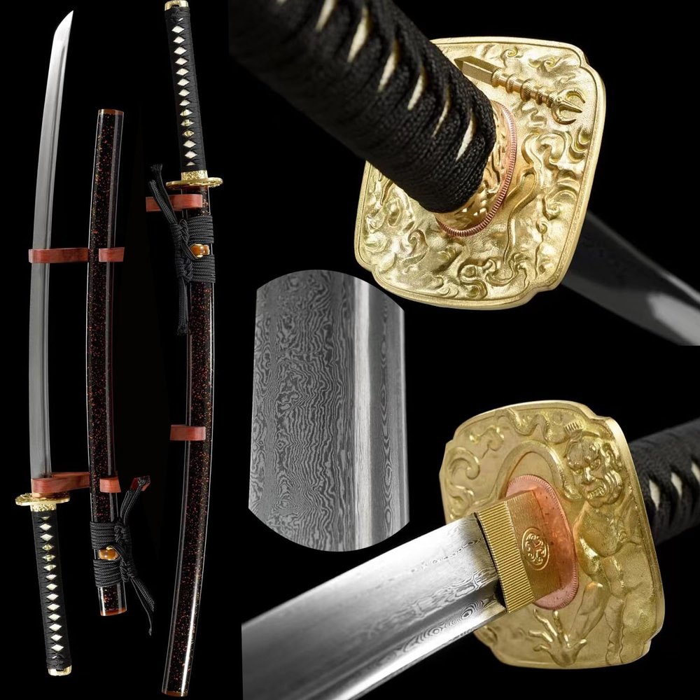 HERO SWORD Damascus Steel Katana Black Samurai Sword Brass Tsuba Fittings Cool Sword Full Tang Sharp Blade Japanese Weapon for Men,Black