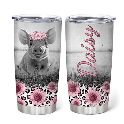 Hyturtle Personalized Gifts For Pig Lover - Pigs With Flower Custom Name Stainless Steel Tumbler 20oz With Lid - Idea Farm Animal Lover Gifts For Women Girl Kids On Birthday, Christmas