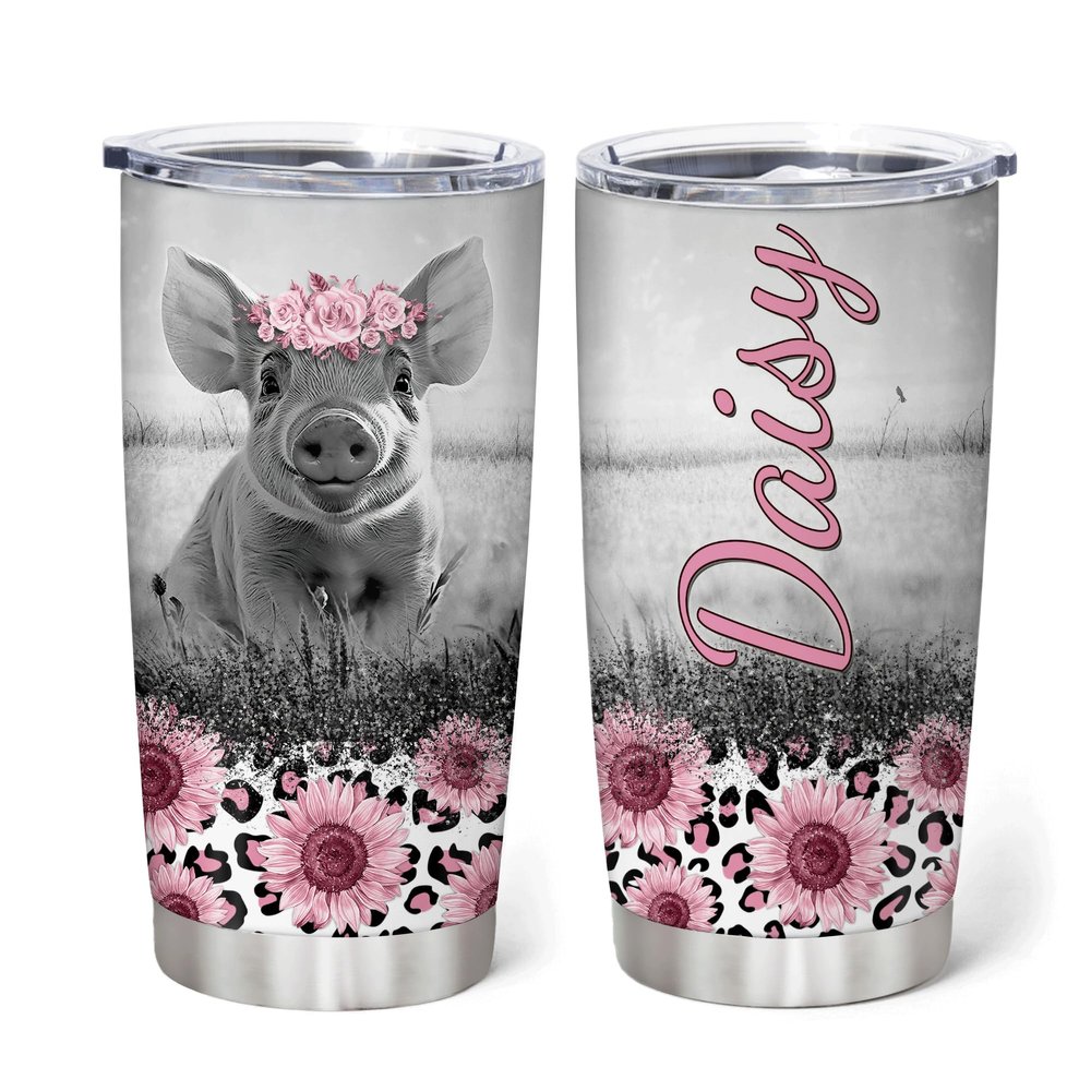 Hyturtle Personalized Gifts For Pig Lover - Pigs With Flower Custom Name Stainless Steel Tumbler 20oz With Lid - Idea Farm Animal Lover Gifts For Women Girl Kids On Birthday, Christmas
