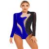 Winnrchan Mock Neck Leotards for Women Long Sleeve Mesh Patchwork Ballet Dance Leotard Fitted Gymnastic Bodysuit Dancewear Black&Royal Blue Small view 1