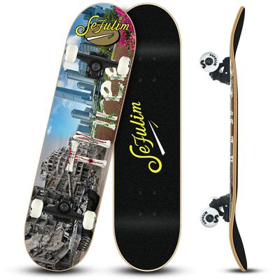 Sefulim 31 x 8 Inch Complete Skateboard 7 Layer Canadian Maple Double Kick Deck Concave Cruiser Trick Skateboard for Boys Girls Teens Adults Beginner 
