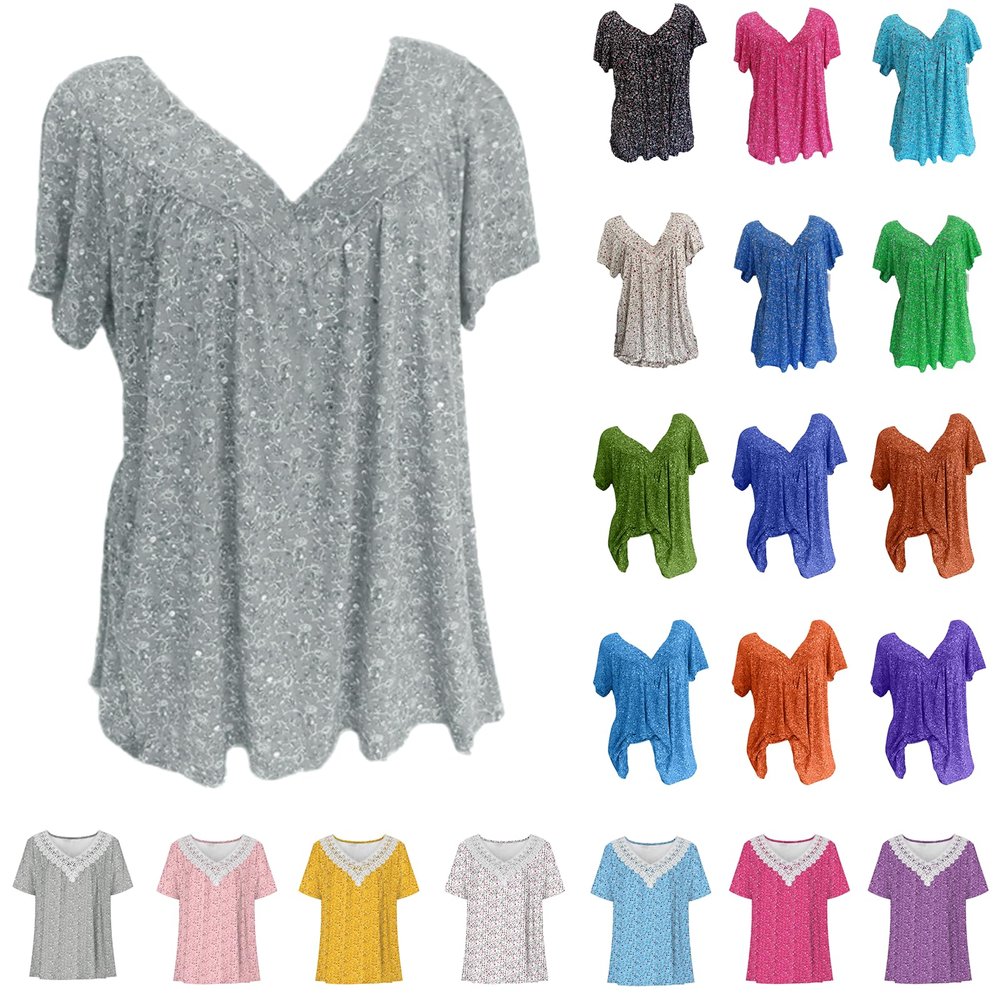 Funny T Shirts for Women 2025 Summer Boho Sexy Graphic Tees for Women Plus Size Tops 3X Short Sleeve V-Neck Blouses Loose Basic Pullover T-Shirt Summer Tops A-Gray