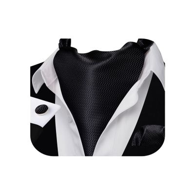 Barry.Wang Ascot for Men Black Tie Set Cravat Stripe Silk Scarf Self Necktie Handkerchief Cufflinks Formal Wedding Party Banquet