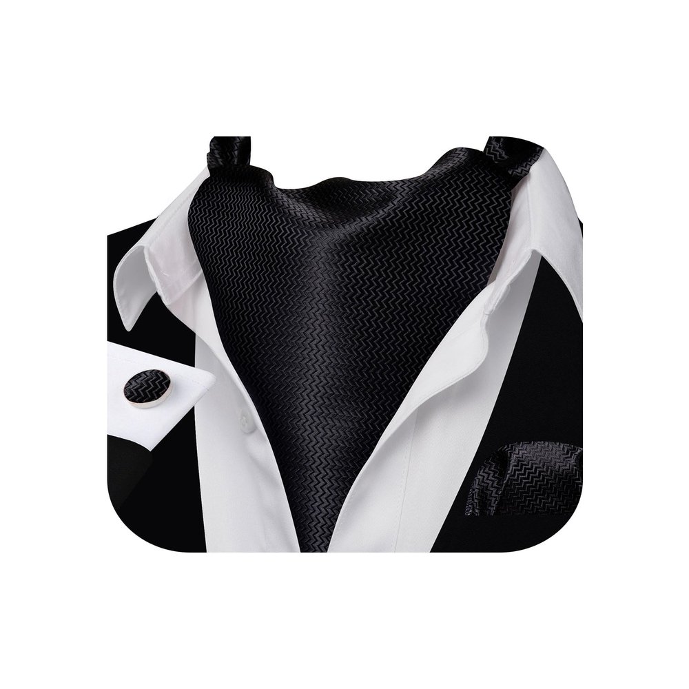 Barry.Wang Ascot for Men Black Tie Set Cravat Stripe Silk Scarf Self Necktie Handkerchief Cufflinks Formal Wedding Party Banquet