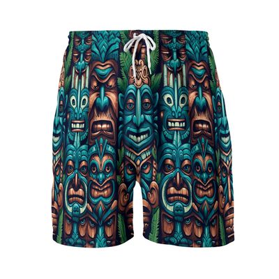 Tiki Mask Men's Quick Dry - Unique Tiki Hawaiian Shorts for Men - Beach Shorts Swim Trunks Set 7 (TND-LN-7) Size L