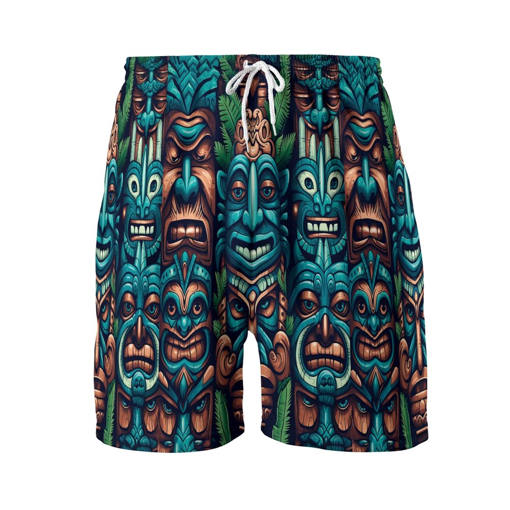 Tiki Mask Men's Quick Dry - Unique Tiki Hawaiian Shorts for Men - Beach Shorts Swim Trunks Set 7 (TND-LN-7) Size L