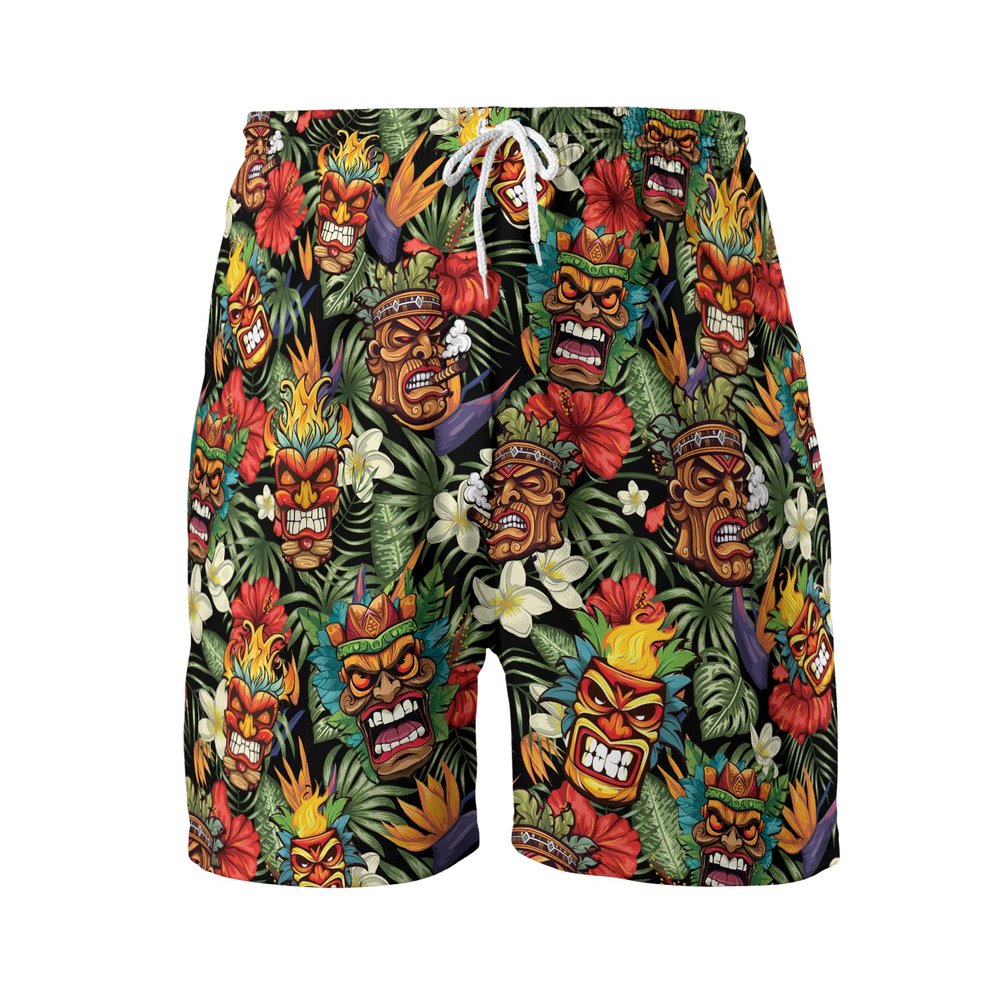 Fire Tiki Men's Quick Dry - Tribal Patterns Hawaiian Shorts for Men - Beach Shorts Swim Trunks Set 7 (TND-LN-7) Size XL