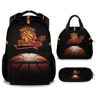XaocNyx Personalized Basketball Backpack with Lunch Box and Pencil Case Set, 3 in 1 Matching Boys Black Backpacks Combo, Cool Bookbag and Pencil Case Bundle