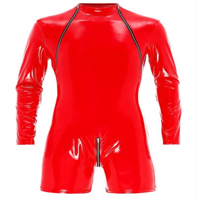 YiZYiF Mens Shiny Latex Catsuit Jumpsuit Slim Fit Long Sleeve Zipper Boxer Bodysuit Leotard Clubwear Red Medium