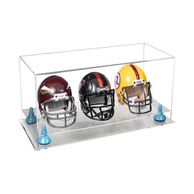 Better Display Cases Acrylic Three Mini - Miniature Football Helmets (not Full Size) Display Case with Clear Case, Light Blue Risers and Clear Base 19.25" x 8.25" x 8" (V47/A103)