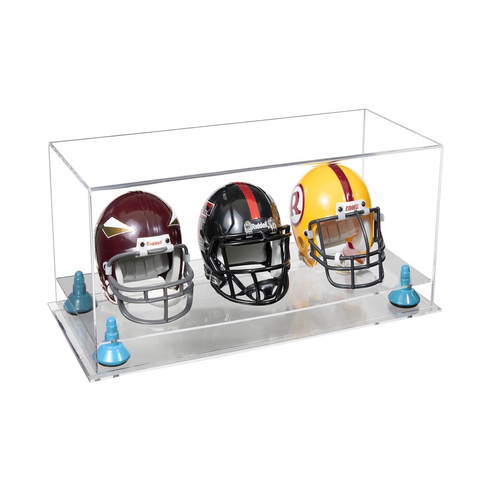 Better Display Cases Acrylic Three Mini - Miniature Football Helmets (not Full Size) Display Case with Clear Case, Light Blue Risers and Clear Base 19.25" x 8.25" x 8" (V47/A103)