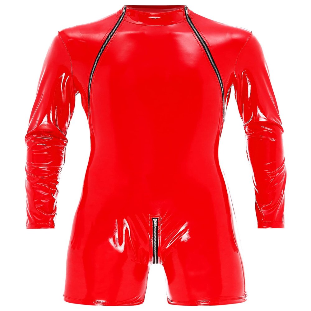 YiZYiF Mens Shiny Latex Catsuit Jumpsuit Slim Fit Long Sleeve Zipper Boxer Bodysuit Leotard Clubwear Red Large