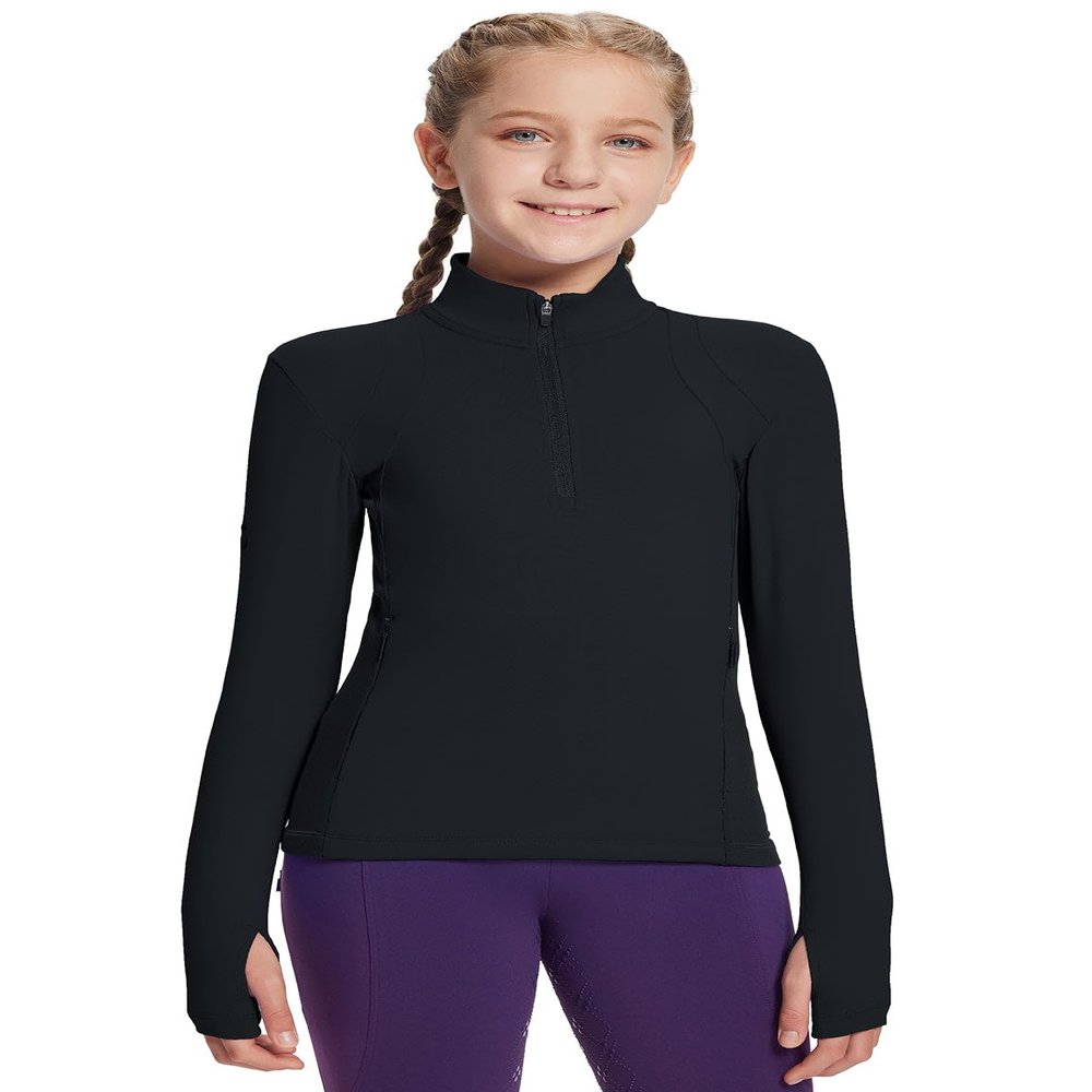 baleaf Girls Long Sleeve Shirts Fleece Jacket Fall Half Zip Pullover Kids Sweatshirts Athletic Thermal Coat Black S