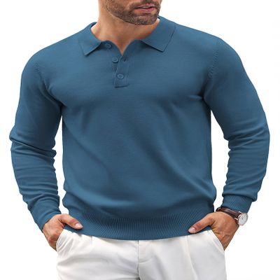 COOFANDY Mens Polo Shirts Pullover Long Sleeve Knit Lightweight Sweater Casual Golf Shirts Denim Blue