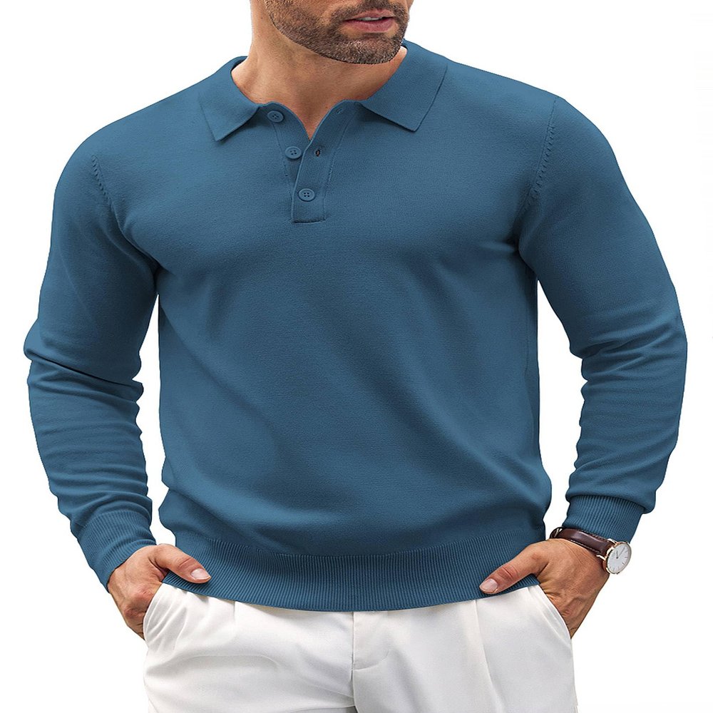 COOFANDY Mens Polo Shirts Pullover Long Sleeve Knit Lightweight Sweater Casual Golf Shirts Denim Blue