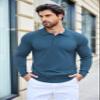 COOFANDY Mens Polo Shirts Pullover Long Sleeve Knit Lightweight Sweater Casual Golf Shirts Denim Blue view 2