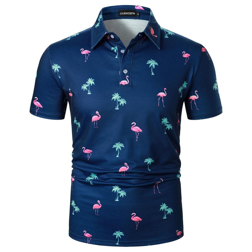 LUJENGEFA Hawaiian Polo Shirts for Men Short Sleeve Golf Shirt Summer Holiday Beach Tropical Tops for Men Dark Blue Flamingo XL