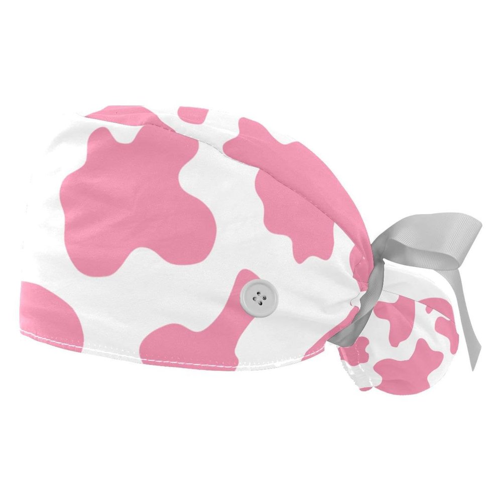 2 Pcs Working Cap with Button Sweatband Adjustable Bouffant Scrub Caps Cow Skin Print Pink Working Head Cover for Women Long Hair