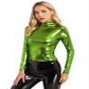 Agoky Women's Holographic Shirt Bodycon Shiny Metallic Crop Tops High Neck Long Sleeve Pullover Green Large view 2