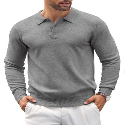 COOFANDY Mens Knit Polo Shirts Casual Long Sleeve Classic Polo Shirts Button Down Golf Shirts Grey