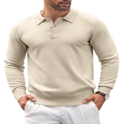 COOFANDY Mens Polo Shirts Pullover Long Sleeve Knit Lightweight Sweater Casual Golf Shirts Cream