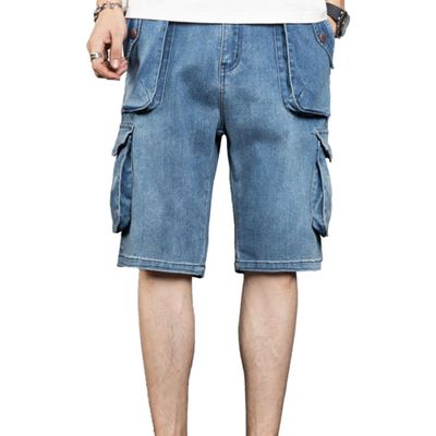 Men's Hip-Hop Baggy Jean Shorts Casual Straight Zipper Denim Shorts Retro Classic Short Pants with Pockets (Blue,34)