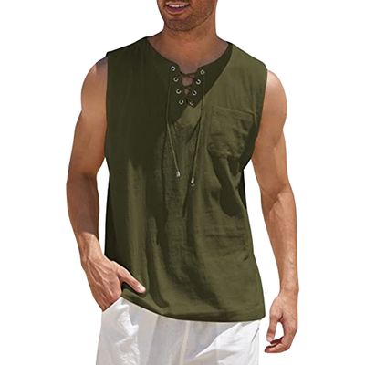 Soluo Men's Cotton Linen Tank Top Casual Lace Up Beach Hippie Sleeveless Tops Summer V-Neck Drawstring Stylish Shirts (Army Green 1,5X-Large)