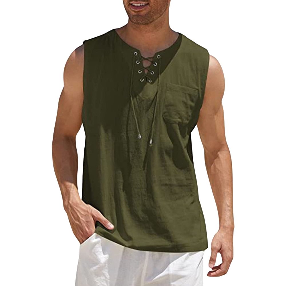 Soluo Men's Cotton Linen Tank Top Casual Lace Up Beach Hippie Sleeveless Tops Summer V-Neck Drawstring Stylish Shirts (Army Green 1,5X-Large)