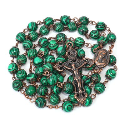 Nazareth Store Handmade Vintage Design Green Malachite Rosary Necklace with Crucifix & Holy Soil Medal Terra Santa Jerusalem Beads for Prayer Meditation & Spiritual Devotion