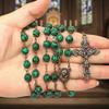 Nazareth Store Handmade Vintage Design Green Malachite Rosary Necklace with Crucifix & Holy Soil Medal Terra Santa Jerusalem Beads for Prayer Meditation & Spiritual Devotion view 2