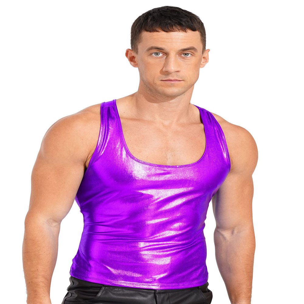 Agoky Men's Metallic Shirts Shiny Slim Fit Stretch Top Sleeveless Racer Back Tank Tops Club Party Purple X-Large