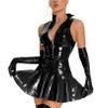 YiZYiF Women Wet Look Leather High Neck Zip Up Front Skater Mini Flared Dress Club Wear Party Dresses Black Medium view 2