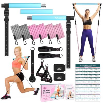 Pilates Bar Kit with Resistance Bands, Multifunctional Yoga Pilates Bar with Heavy-Duty Metal Adjustment Buckle, Portable Home Gym Pilates Resistance Bar Kit for Women Full Body Workouts -Blue