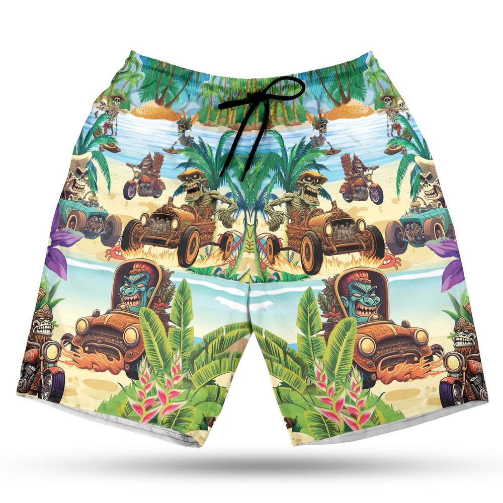 Tiki Men's Swim Trunks - Hot Rod Racing Hawaiian Shorts for Men, Men's Summer Bathing Shorts Set 10 Size Size 3XL
