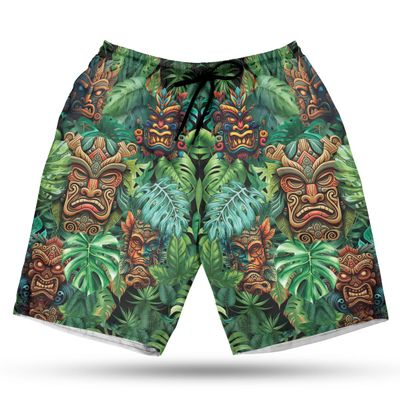 Tiki Mask Men's Swim Trunks - Tropical Leaves Hawaiian Shorts for Men, Men's Summer Bathing Shorts Set 10 Size Size S