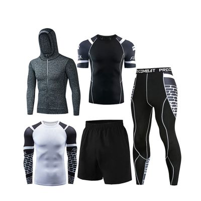 Dressnu Sportswear fitness five-piece men's tight stretch quick dry White Grey M