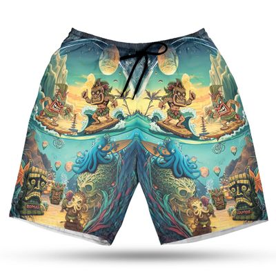 Tiki Surfing Men's Swim Trunks - He'e Octopus Hawaiian Shorts for Men, Men's Summer Bathing Shorts Set 10 Size Size L