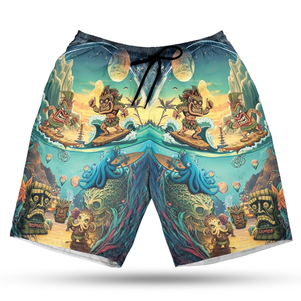 Tiki Surfing Men's Swim Trunks - He'e Octopus Hawaiian Shorts for Men, Men's Summer Bathing Shorts Set 10 Size Size L